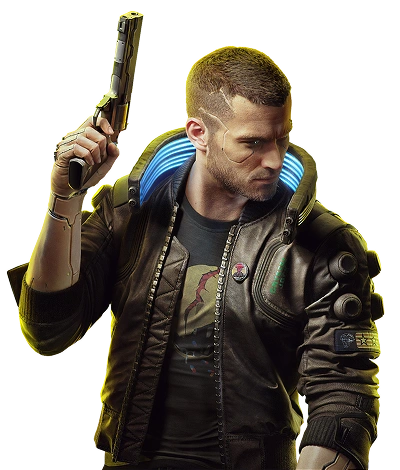 A Cyberpunk című játék egyik szereplője bőrdzsekiben áll, kezében fegyverrel