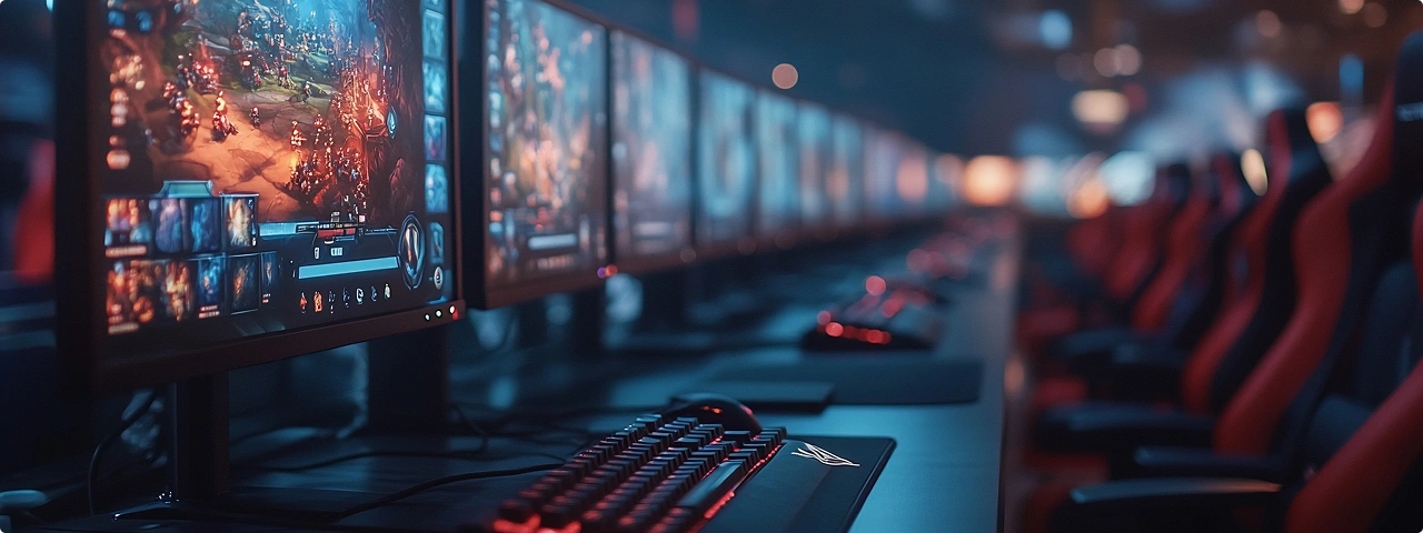 Egy sor játékgép és monitor egy e-sport arénában, megvilágított billentyűzetekkel és székekkel.