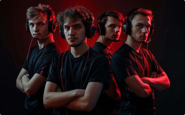 Négy e-sportos játékos fejhallgatóval, akik drámai vörös fényben pózolnak együtt.