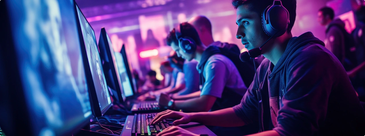 Egy játékosokból álló csapat egy e-sport-bajnokságon számítógépek előtt játszik egy neonfényes teremben.